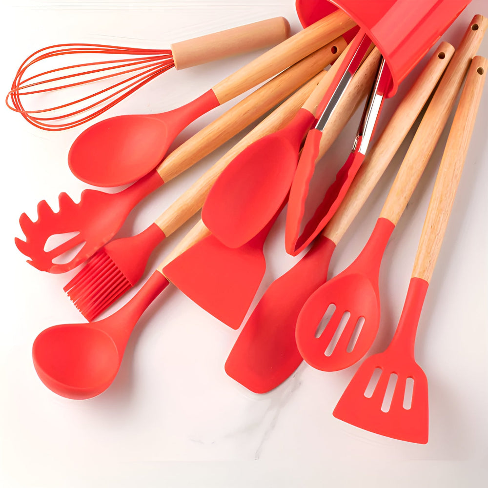 Heat Resistant Silicone and Wood Cooking Utensil Set