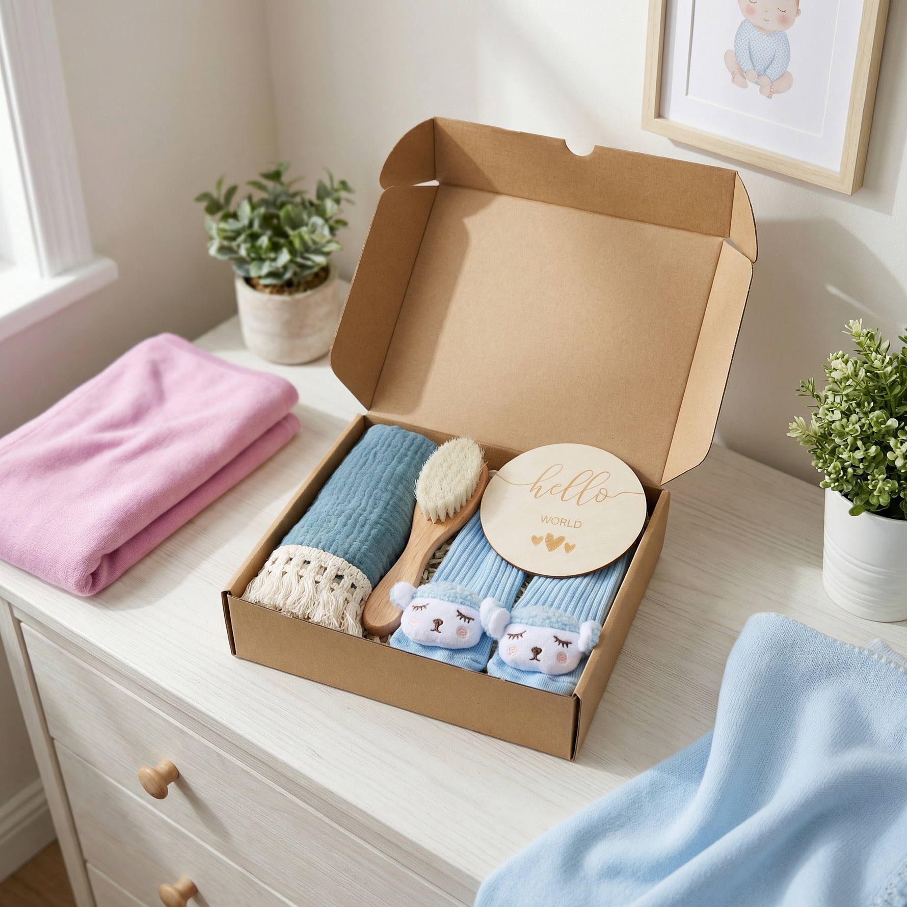 Baby Gift Set – Towel, Socks or Headband & Bath Brush