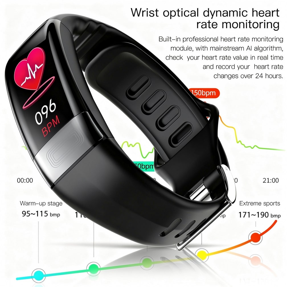 Smart fitness watch with heart rate and blood pressure measurement