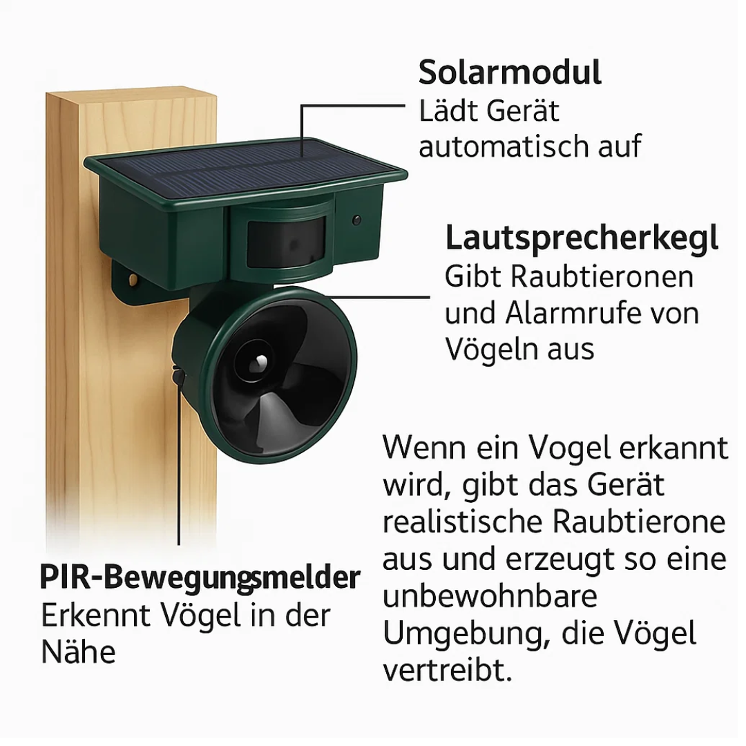 Solar-powered, weather-resistant bird repellent system with PIR sensor