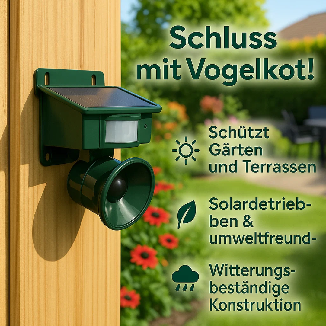 Solar-powered, weather-resistant bird repellent system with PIR sensor