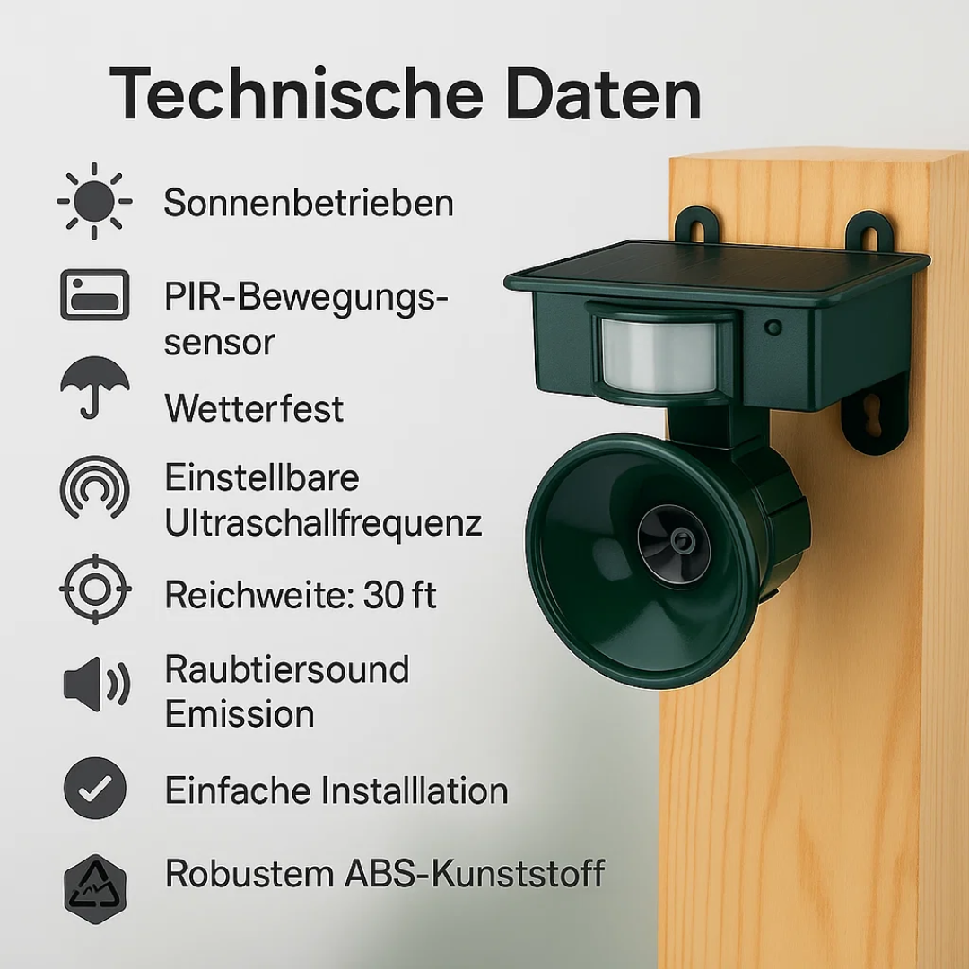 Solar-powered, weather-resistant bird repellent system with PIR sensor