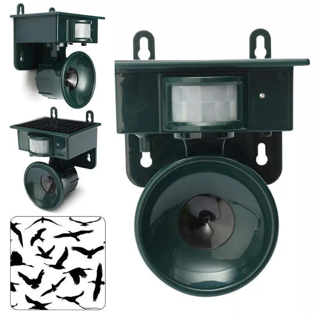 Solar-powered, weather-resistant bird repellent system with PIR sensor
