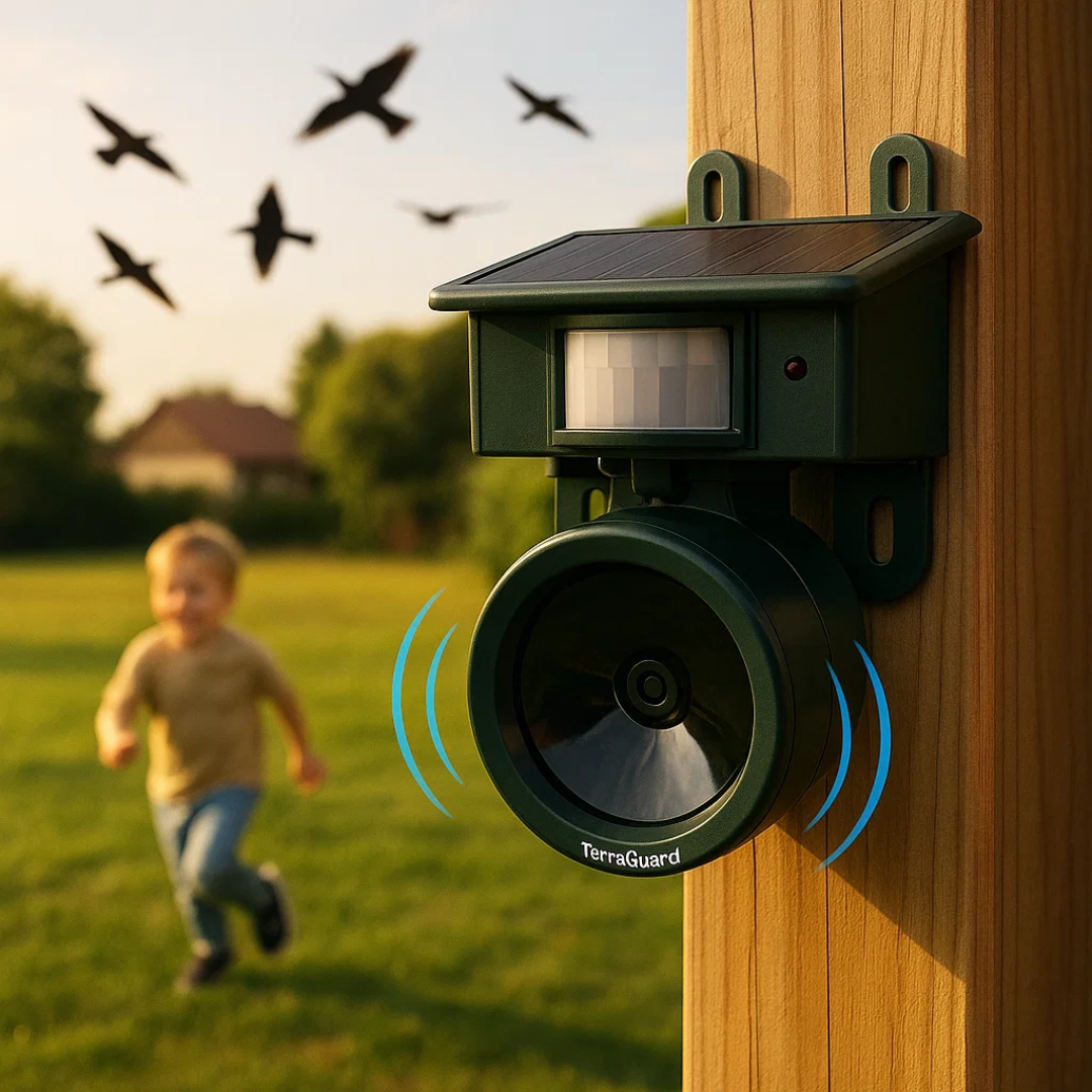 Solar-powered, weather-resistant bird repellent system with PIR sensor