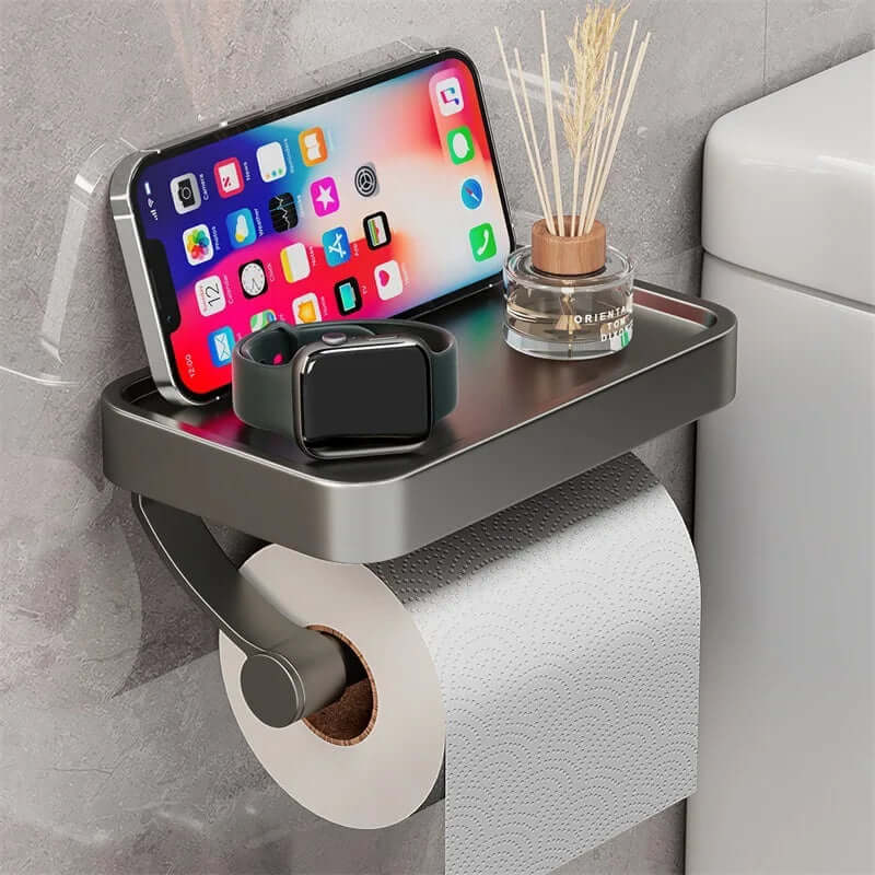 Elegant stainless steel toilet paper holder with shelf