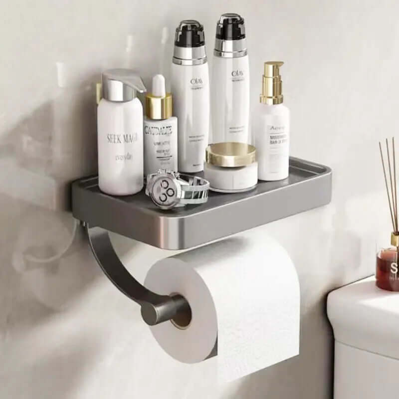 Elegant stainless steel toilet paper holder with shelf