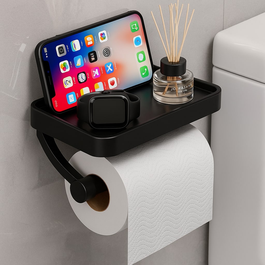Elegant stainless steel toilet paper holder with shelf