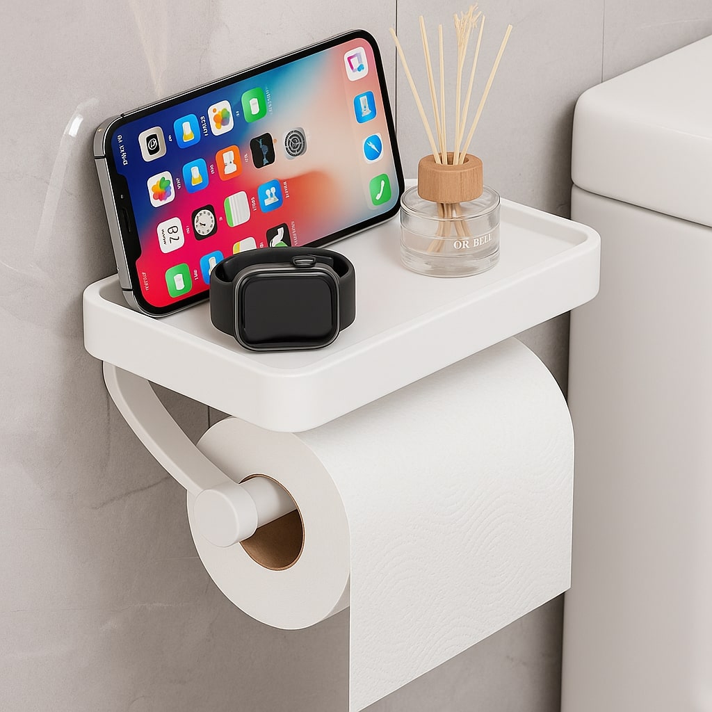 Elegant stainless steel toilet paper holder with shelf