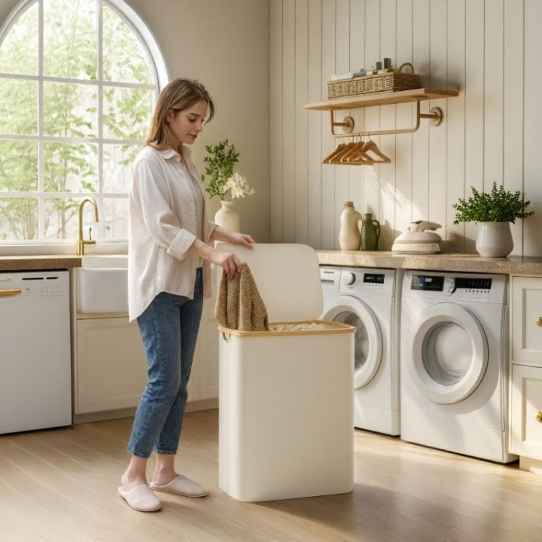 Stylischer Wäschekorb mit 3 Fächern in Schwarz, Beige & Grau