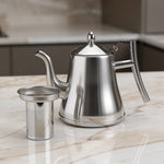 Elegant stainless steel kettle with integrated filter