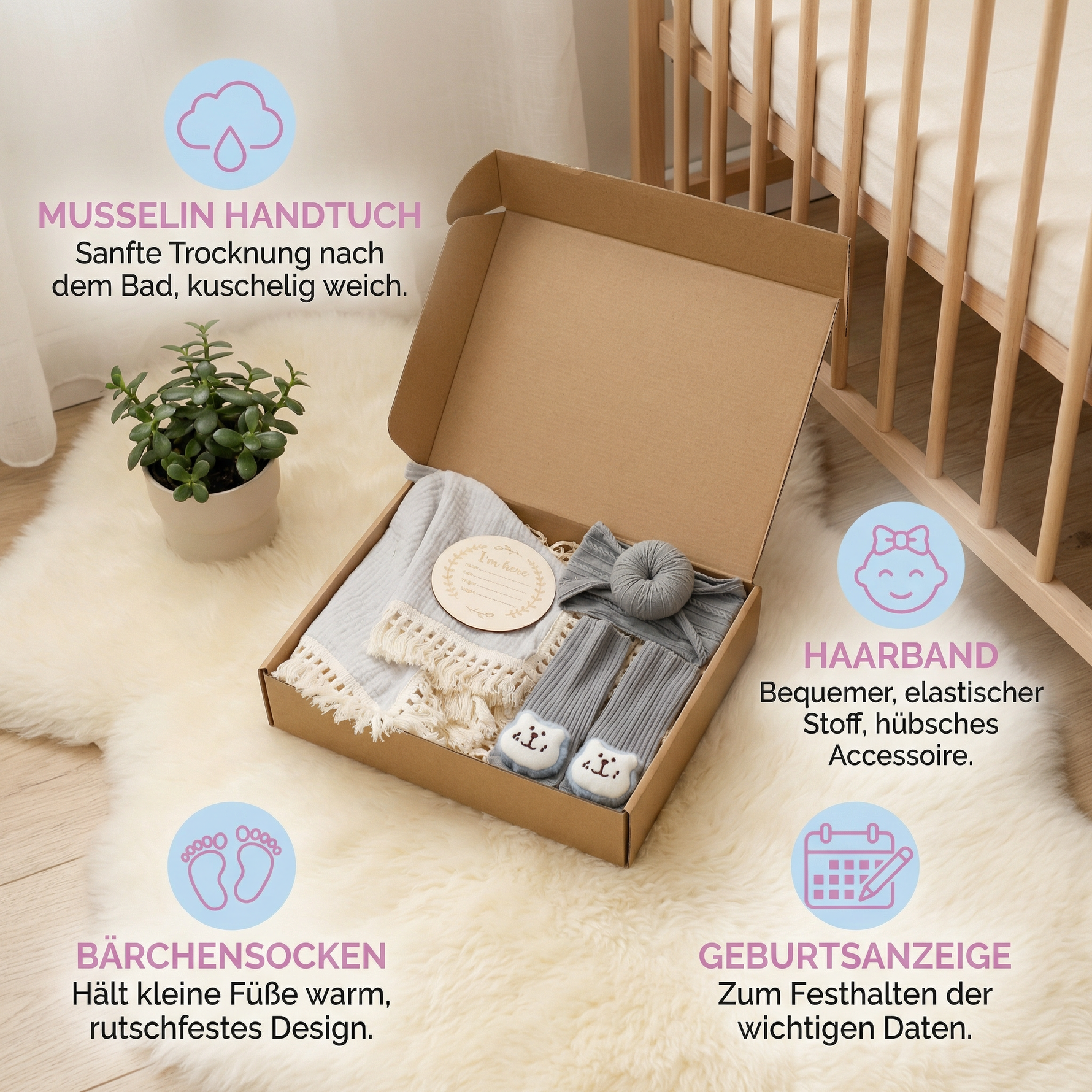 Baby Gift Set – Towel, Socks or Headband & Bath Brush